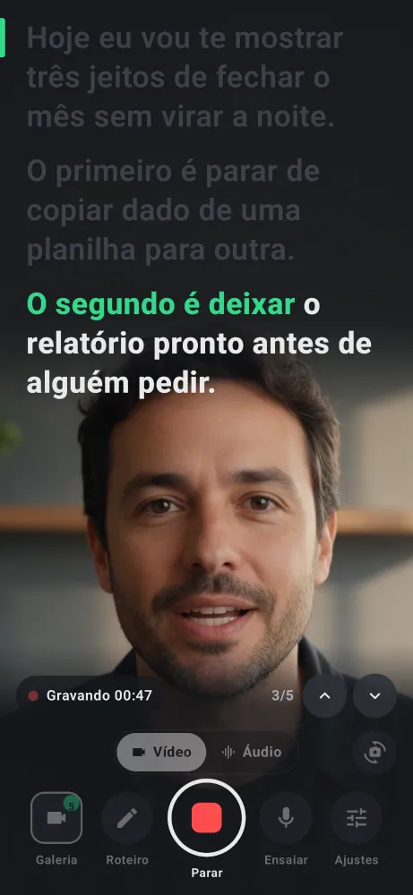 Deixa gravando um vídeo: cronômetro vermelho em 00:47, a fala atual em destaque e o botão de parar.